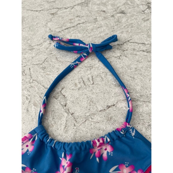 Youth Girls 2 Piece Bikini Swimsuit Set  Blue & Hot Pink Floral Pattern- Size 14 - Picture 5 of 9